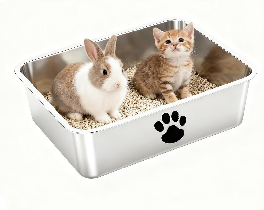 Stainless Steel Cat Litter Box, Small Metal Kitten Litter Pan, Indoor Litter Tray Pet Toilet Supplies for Kitty,Rabbits,Guinea Pigs,Ferrets,Easy to Clean,Non Stick