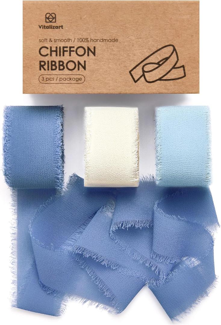 Vitalizart Dusty & Baby Blue Chiffon Silk Ribbon 1" x 21 Yd Fringe Fabric Package (3 Rolls * 7 Yd) for Wedding Invitations Bridal Bouquets Decorations Gifts Wrapping & Bow Making