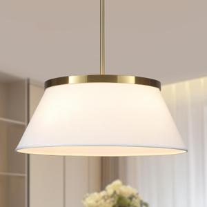 Modern Chandelier with White Fabric Shade Gold and Brass Finished Adjustable 4-Lights Pendant Lighting Fixture for Kitchen Island Dining Room and Restaurant