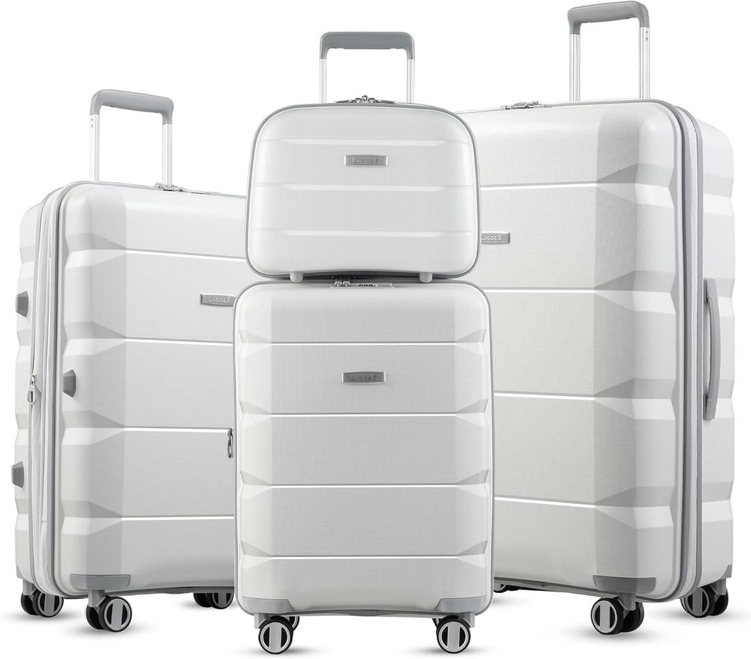 LUGGEX White Carry On Luggage with Spinner Wheels, PP Lightweight Suitcase 4 Piece, Expandable