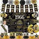 60th Birthday Decorations for Men Women, 21pcs the Year 1966 Banner Balloon Party Supplies, Black Gold 60 Year Old Birthday Backdrop, 60 Bday Honeycomb Centerpiece Hanging Swirls Sash Gifts