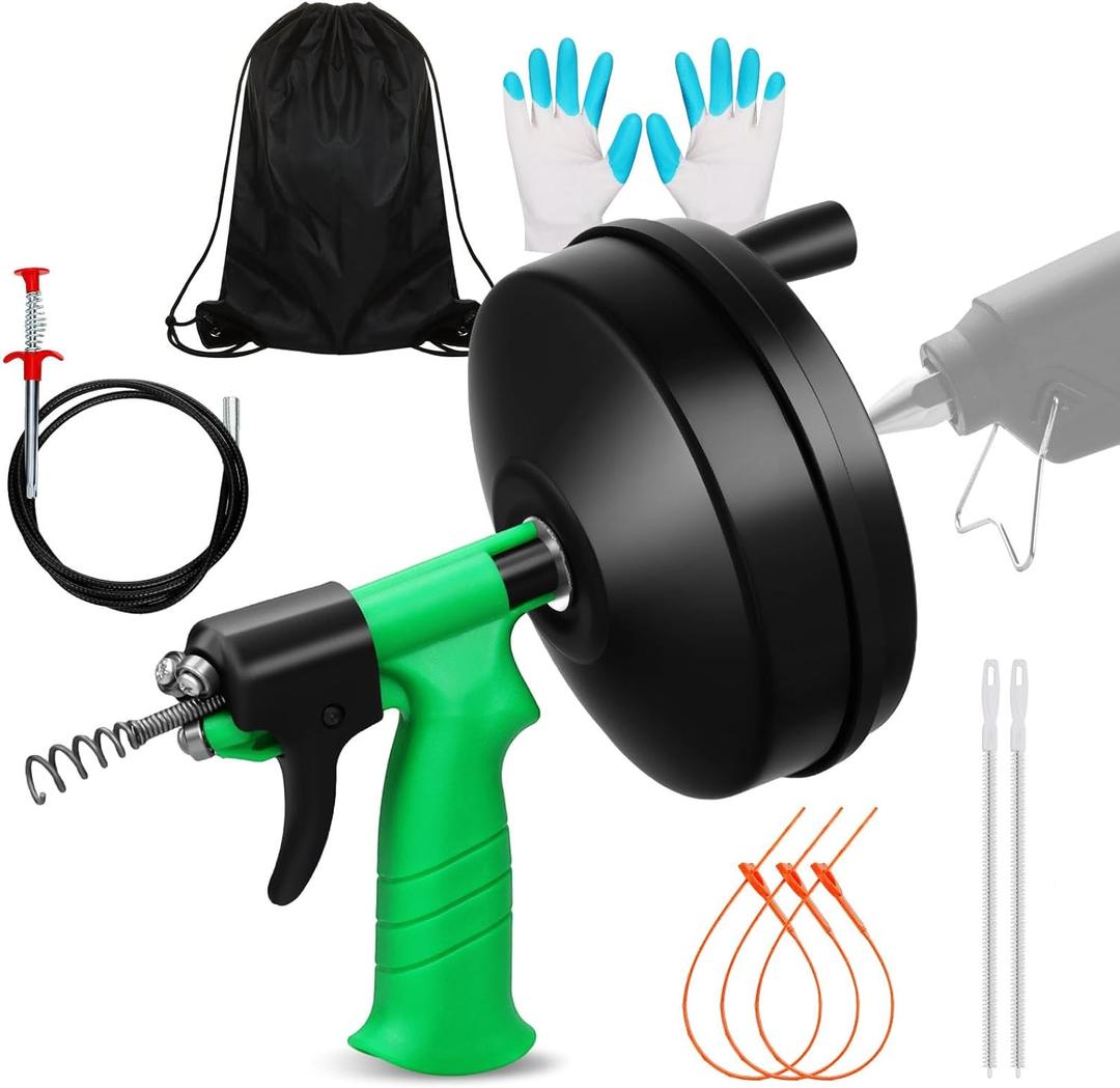 Dokjuan 50 Ft Drain Snake, Fast Unclog Snake, Manual & Electric Drain Auger for Shower Sink, Toilet and Kitchen, Plumbing Auger Comes with Gloves and Bag, 1/4 Inch, Green