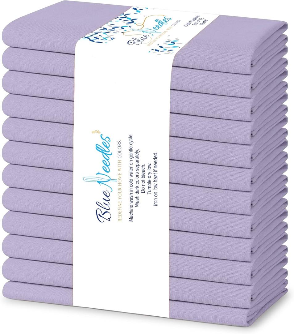 Blue Needles Solid Cloth Napkins Set of 12 Lavender 100% Cotton Dinner Napkins 18x18 inches - Spring Summer Easter - Soft, Reusable, Absorbent & Washable Linen, Ideal for Events Parties & Everyday Use