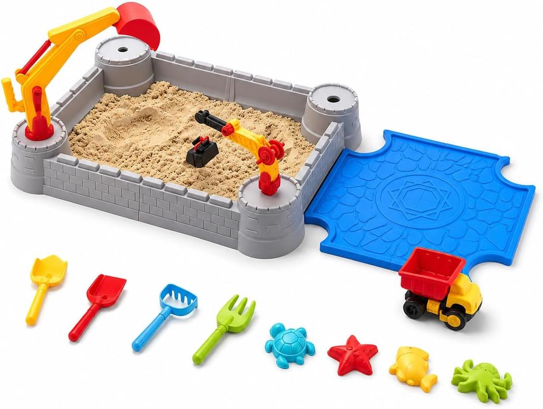 Excavator Sandbox with Lid, 2 Diggers, Dump Truck & Sand Toys, Sandbox without Umbrella