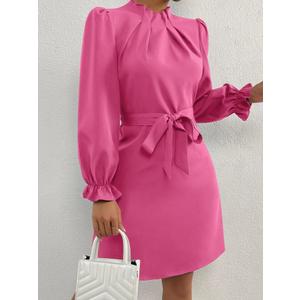 Women's Long Puff Sleeve Mock Neck Ruched Dress Tie Front Fitted Short Dresses, Pink, M