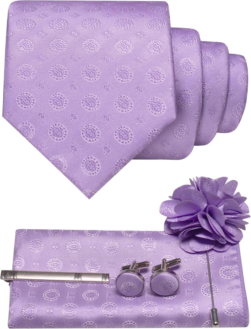 JEMYGINS Mens Tie and Lapel Pin Necktie Pocket Square Cufflinks and Tie Clip Sets for Business Casual 5PCS (Lavender) JEMYGINS Mens Tie and Lapel Pin Necktie Pocket Square Cufflinks and Tie Clip Sets for Business Casual 5PCS (Lavender)