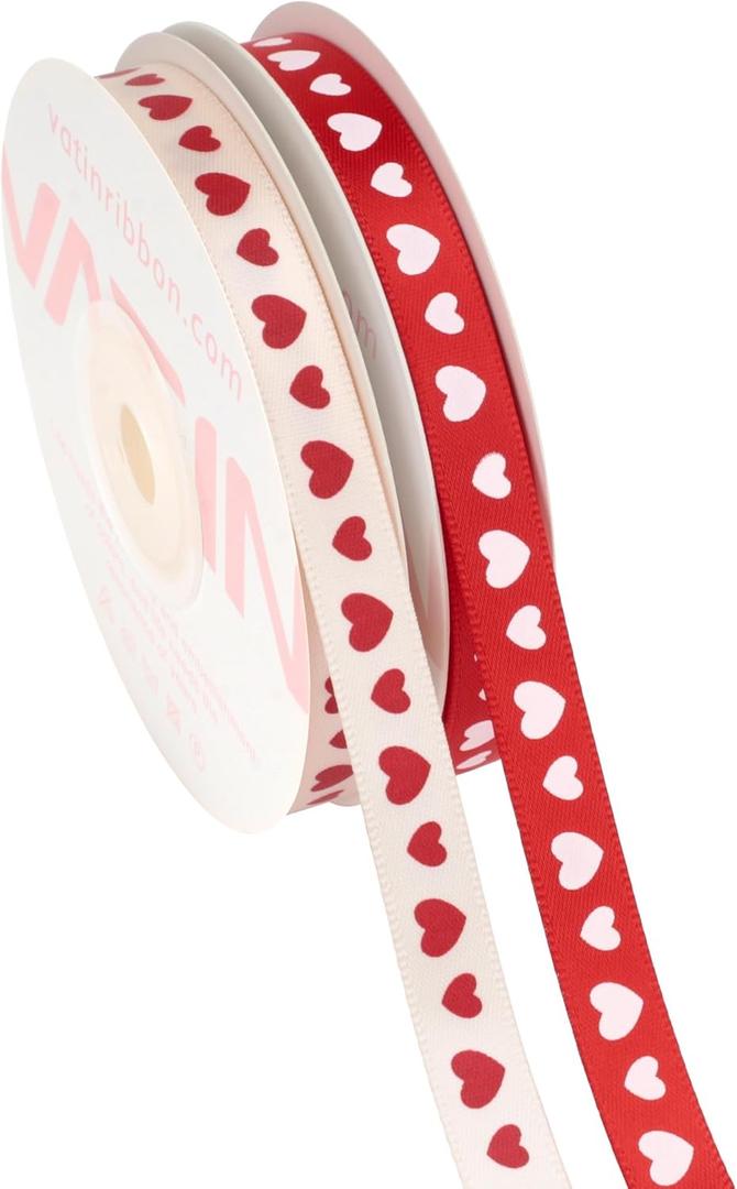 VATIN Valentines Day Ribbon,2 Rolls Heart Satin Ribbon Use for Valentines Day Craft,Gift Wrapping,Home Decor,3/8 Inches Total 30 Yards,Red/Pink/Cream