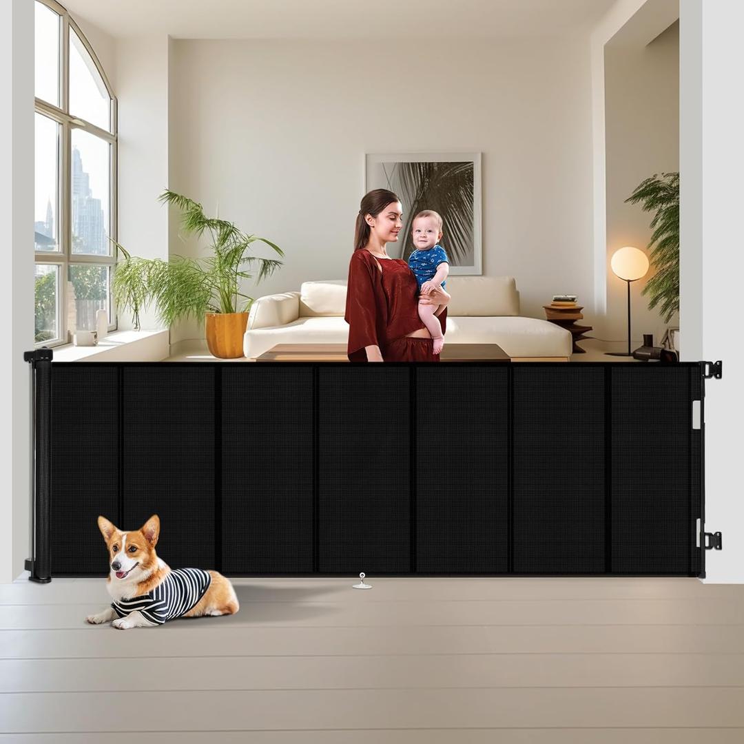 Miumoon 150 inch Retractable Baby Gates 42 inch Tall, Retractable Gate with Reinforced Strip Design to Prevent Crawling Through, 12 FT Extra Wide Retractable Dog Gate for Indoor/Outdoor (Black)