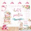Let's Partea Backdrop Spring Pink Floral Tea Party Happy Birthday Photography Background Sweet Baby Girl Shower Birthday Party Afternoon Tea Cake Table Decorations 7x5FT