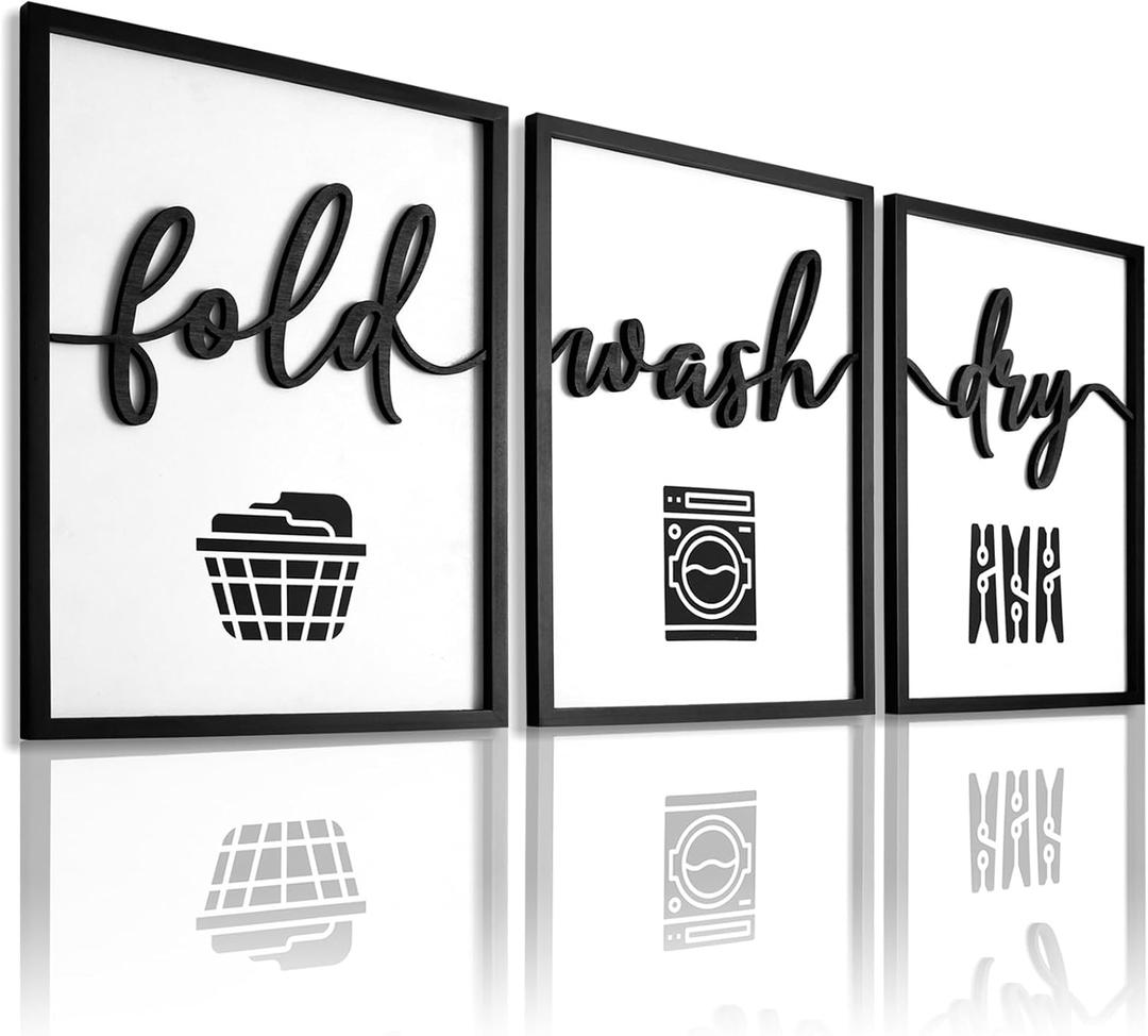 3D Wood Laundry Room Wall Decor, 36" x 16" Framed Laundry Room Wall Art, 3D Laundry Signs for Room Decor (Ready to Hang, Set of 3, Framed)