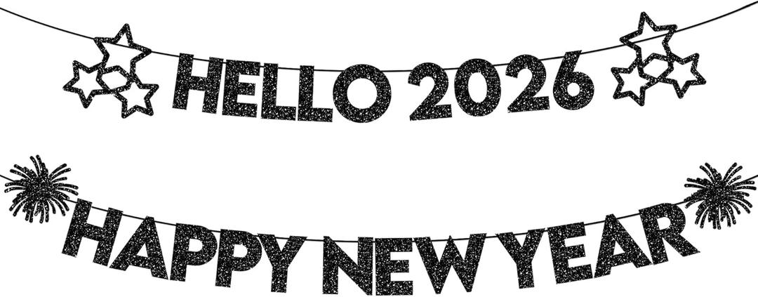 KatchOn, Glitter Black Happy New Year Banner 2026-10 Feet, No DIY | Hello 2026 Banners for Happy New Year Decorations 2026 | New Years Banner, New Years Eve Party Supplies 2026 | NYE Decorations 2026