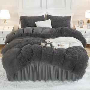 Andency Dark Grey Comforter Set King Size, 3 Pieces Faux Fur Gray Fluffy Fuzzy Plush Bedding Comforter Set, Soft Puffy Comfy Down Alternative Comforter Bed Set (King (104"x90"))