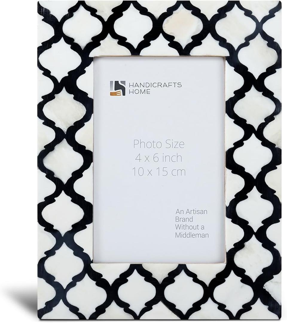 Handicrafts Home Handmade Decorative 4x6 Picture Frame- Unique Boho Chic Home Decor- Moroccan Art Inspired Black White Photo Frame for Wall & Tabletop, Colorful Frames for Living Room, Office Decor