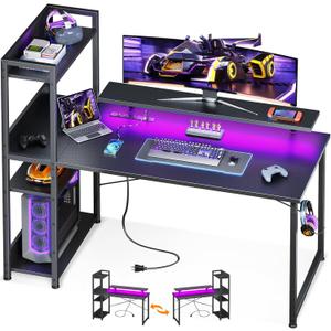 ODK Reversible Gaming Desk with Power Outlets and LED Lights, 48 Inch Computer Desk with Storage Shelves and Monitor Stand, Modern Writing Study Desk for Home Office, Carbon Fiber Black