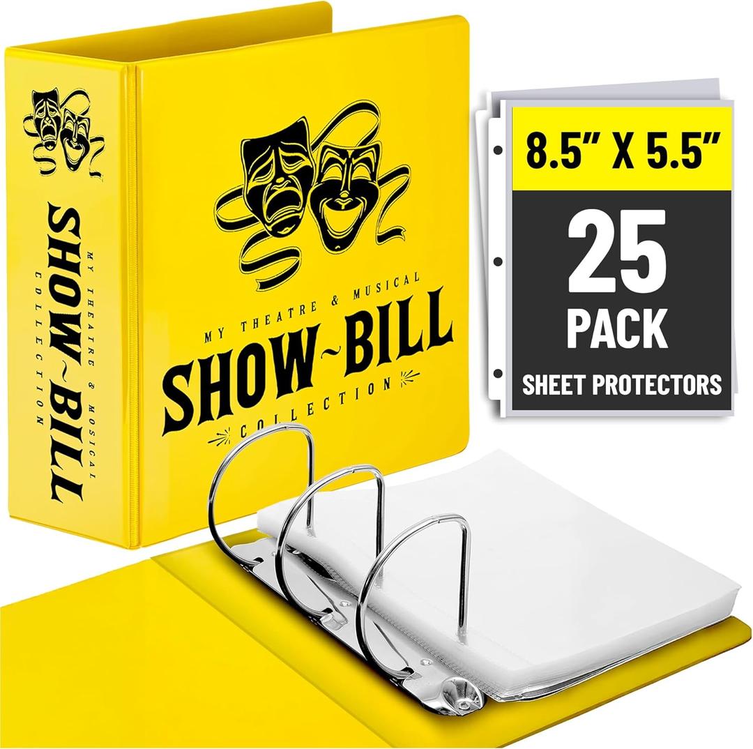 Showbill Binder with Display Sleeves, Holds 8.5 x 5.5 Broadway Programs, Includes 25 Clear Sheet Protectors, D-Ring Organizer for Theatre Memorabilia & Collectibles, Yellow