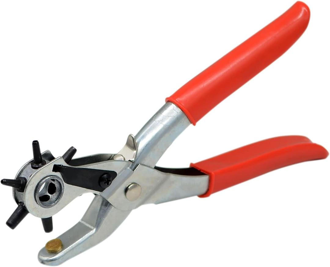 Leather Hole Punch Tool Set Heavy Duty 6 Size Revolving Leather Belt Hand Hole Puncher for Belts, Watch Bands, Straps, Dog Collars, Saddles, Shoes, Fabric, DIY Home or Craft Projects (9'', Silver/Red)