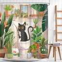 Funny Cat Shower Curtain 60Wx72H Kids Black Cat Cute Cartoon Animal Pet Kitten Tropical Plant Hilarious Fun Green Leaves Cactus Bathroom Decor Bath Curtain Fabric Polyester 12 Pack Hooks