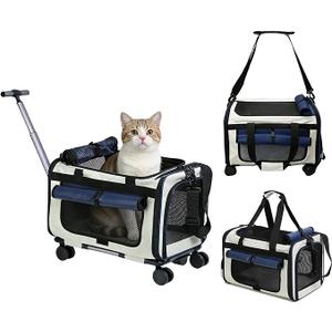 Expandable Pet Carrier with Wheels for Small Dogs and Cats,Airline Approved Rolling Cat Carrier with Removable Platform,18”X11”X14”,Foldable Soft-Sided Travel Bag Fits Under Seat,Up to 16 lbs(Blue), Medium