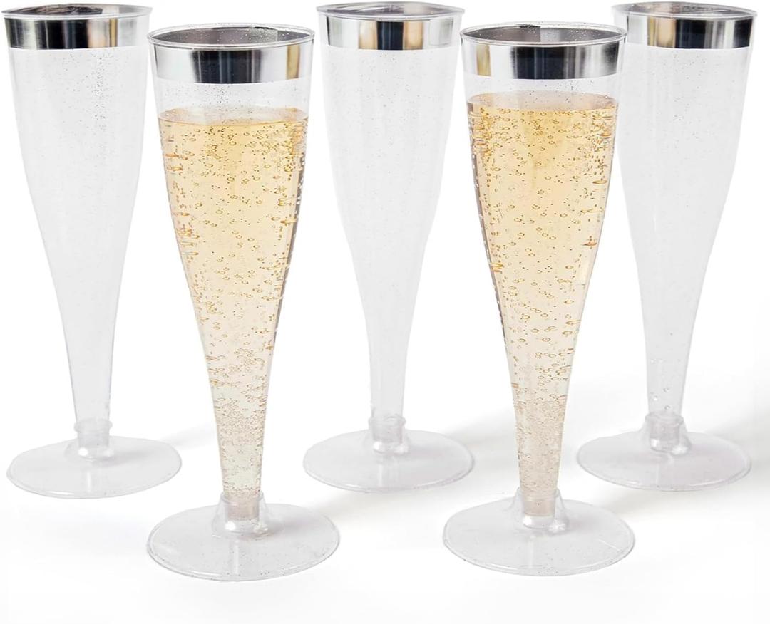 Prestee Set of 24 Silver Glitter Plastic Champagne Flutes - 4.5 oz Capacity - Shatterproof Durable Disposable Glasses - Elegant Design - Ideal for Weddings, Cocktail Parties, and Outdoor Celebrations (24 Count (Pack of 1))