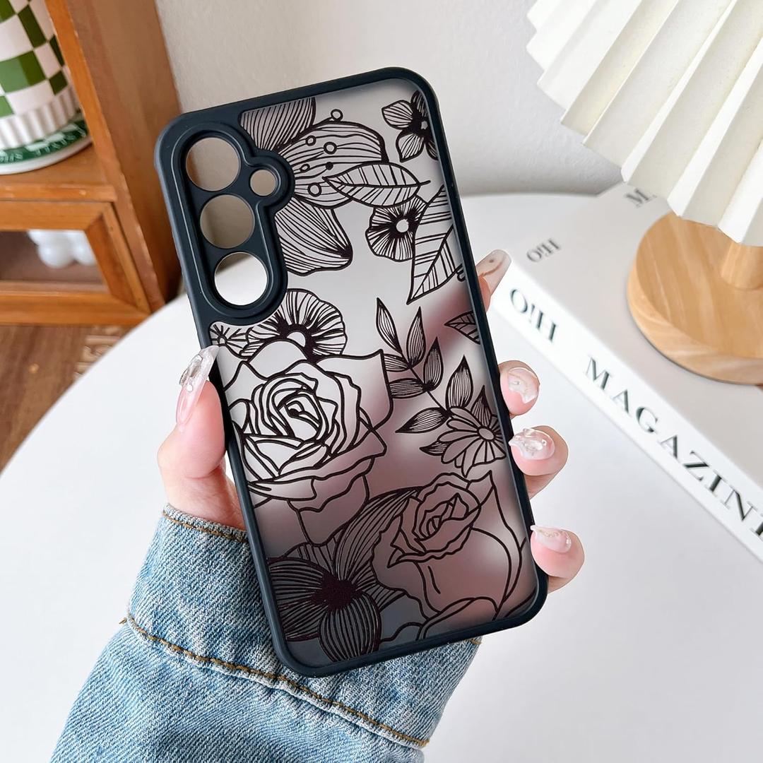 Samsung Galaxy S23 FE Case, Floral Samsung S23 FE Case Cute Aesthetic Rose Flower Pattern for Women Girls, Slim TPU Bumper Shockproof Protective Cover for S23 FE, Black