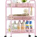 Metal Rolling Utility Cart, 3-Tier Mesh Wire Storage Trolley with Easy Assembly, Organizer Craft Cart 3 Hooks, Mobile Shelving Unit for Kitchen, Bathroom, Laundry Room, and Home (Pink)