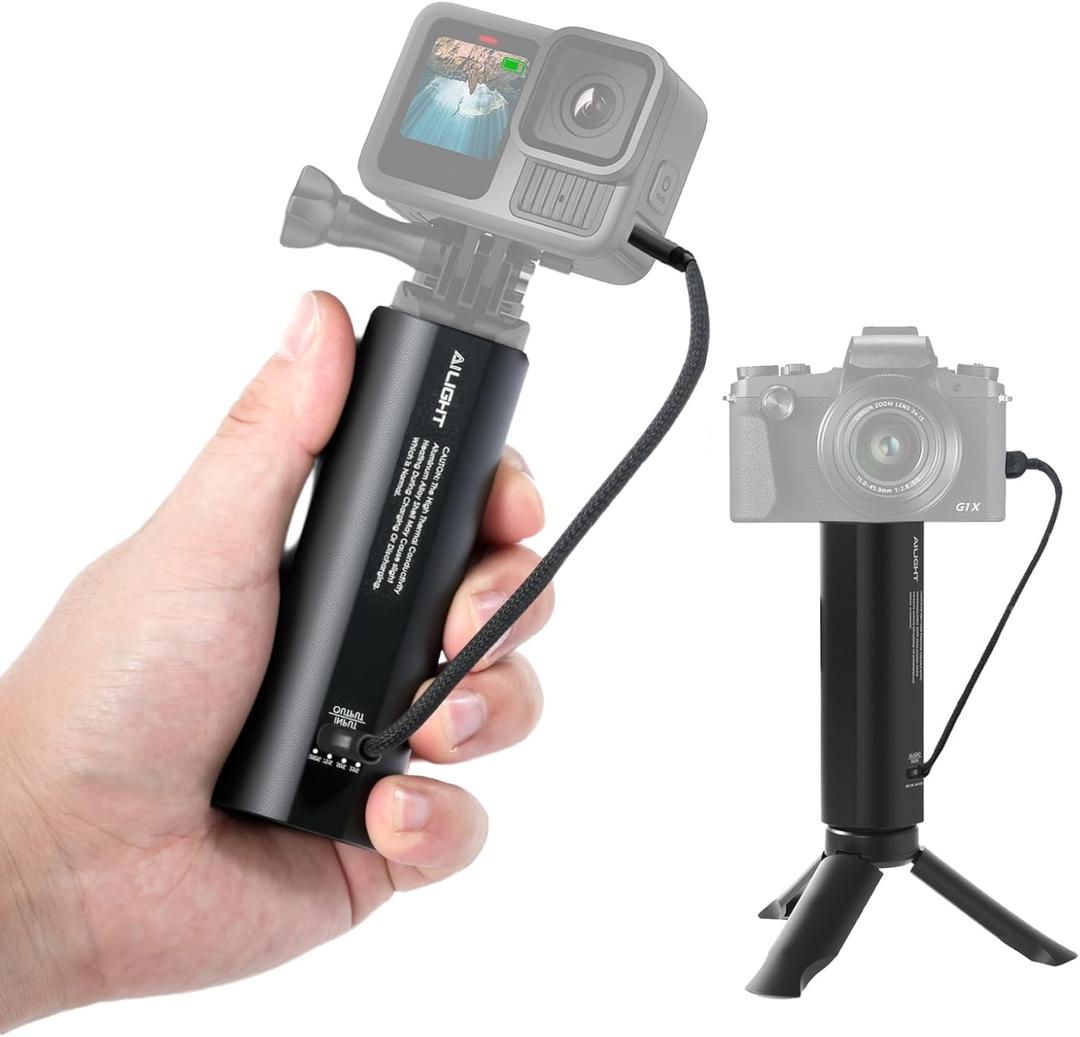 Ailight Battery Handle Grip, 5000mAh Extended Power with 20W PD Charging, Portable Charger Tripod Vlog Accessory with 1/4" Screw for GoPro Hero 13/12/11/10/9 & Insta360 DJI Action 6/5 Camera - Black