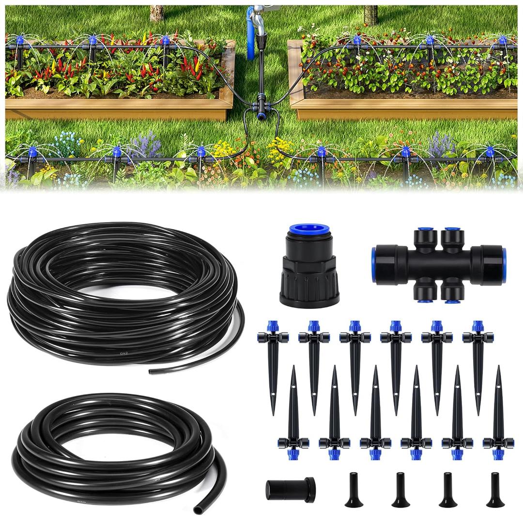 HIRALIY 50FT Garden Watering System, Drip Irrigation Kits for Plants, New Quick Connector, Blank Distribution Tubing, Saving Water Automatic Irrigation Equipment for Patio Lawn (10FT 15mm Hose+ 40FT 1/4" Tubing)