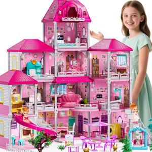 4-Storey House for Girls Ages 3-7, Villa Playset with 2 Dolls and 12 Room, Furniture and Accessories, Pretend Indoor Playset Toddler Toys, Birthday Girls Toys for Ages 4-8 6-8