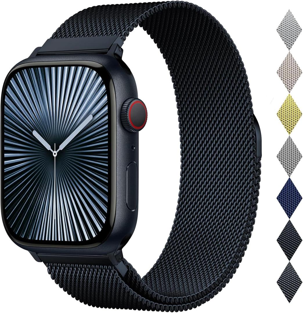 Stainless Steel Milanese Loop Compatible with Apple Watch Band 46mm 42mm 44mm 45mm 49mm 38mm 40mm 41mm men and women, Mesh Loop Magnetic Clasp Replacement for iWatch Bands Ultra Series 10 9 8 7 SE 6 5 4 3 2 1 (44/45/46/49mm(Ultra2)-M Size for6.1in-9.2in), A-Midnight)