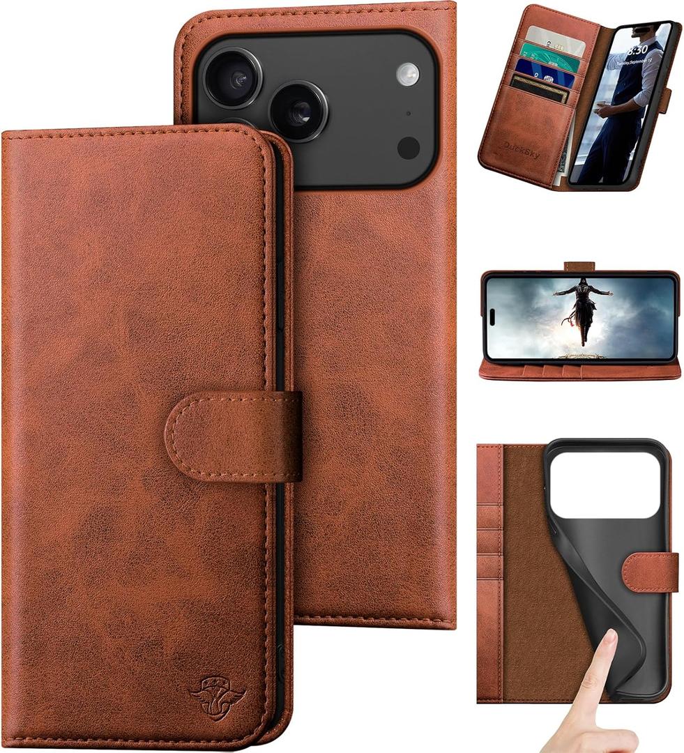 DuckSky Compatible with iPhone 17 Pro Max 6.9" Genuine Leather Wallet caseRFID Blocking4 Credit Card HolderReal Leather Flip Phone case Cover Women Men for Apple 17 Pro Max case Light Brown