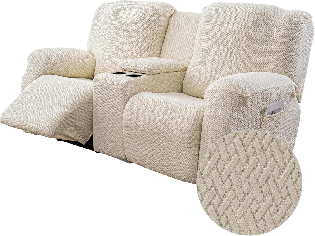 Genina Recliner Loveseat Covers with Console, Stretch Reclining Sofa Covers, 2 Seater Couch Cushion Stripe Jacquard Recliner Slipcovers - Furniture Protector Covers for Pet Kid (Beige)