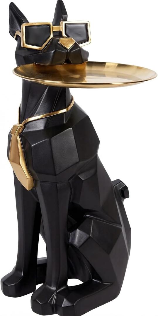 Geometric Dog Sculpture Animal Side Table with Tray and Tissue Box(Black)