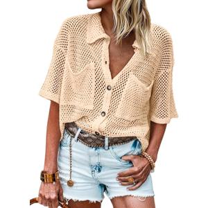 Fisoew Womens Crochet Lightweight Cardigan Sweaters Short Sleeve Summer Button Down Collared Loose Cover Up Shirts (Small, Apricot) Fisoew Womens Crochet Lightweight Cardigan Sweaters Short Sleeve Summer Button Down Collared Loose Cover Up Shirts (Small, Apricot)