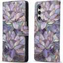 QLTYPRI for Samsung Galaxy A57 5G Wallet Case, Premium Leather Magnetic UV-Printed Artwork Flip Case with RFID Blocking Card Slots Kickstand Protective Phone Cover for Women Girls - Purple Lotus