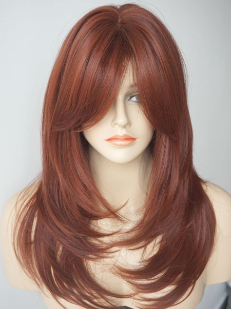wigbuy Long Layered Copper Brown wig Synthetic wig layered Auburn Wigs with side bangs for White Women (Copper Brown)
