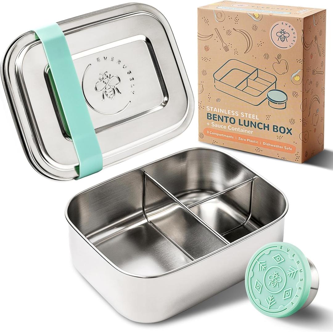 Everusely - Bento Box - Green, 27oz / 0.8 L - Stainless Steel Lunch Box with Leakproof Condiment Container - 3 Compartment Snack Organizer for On the Go Meals - Freezer & Dishwasher Safe