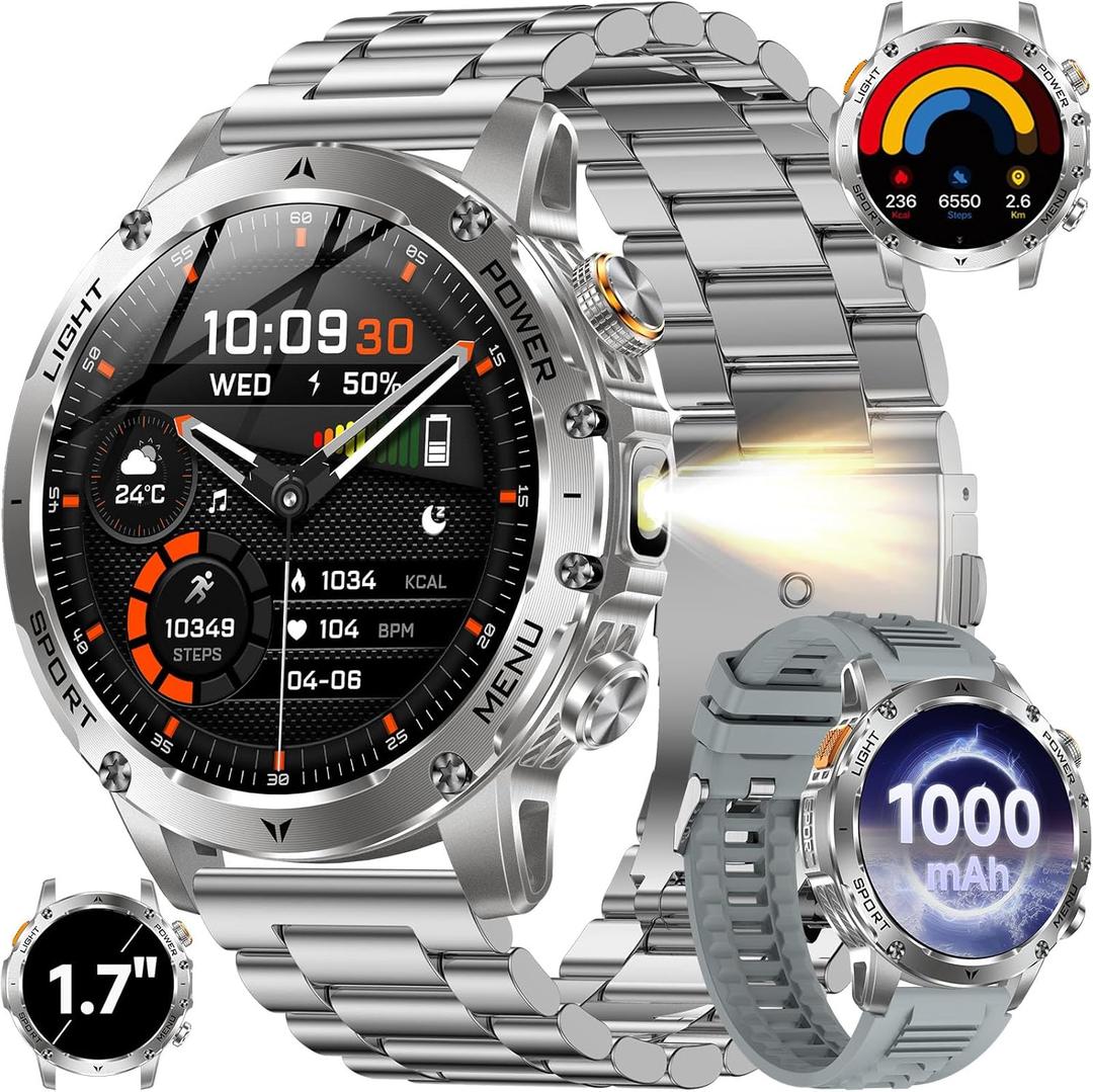 KPEP Military Smart Watches for Men with 2 Straps, 1000mAh Battery/LED Flashlight/IP67 Waterproof Smartwatch, Stress/Blood Oxygen/Heart Rate/Sleep Monitoring, Reminder, Fitness Tracker for iOS Android (Silver)