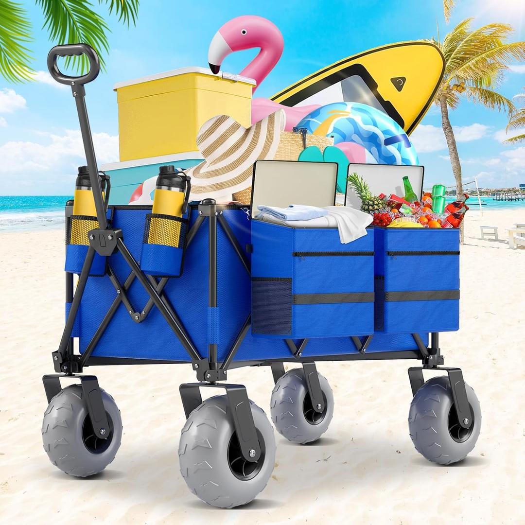 Beach Wagon with Big Wheels for Sand, 350lbs Heavy Duty Folding Wagon, Oversized 180L, 9" PVC All-Terrain Wheels, Adjustable Handle, Cooler & Storage Bags for Beach, Camping & Outdoor Sports (Blue)