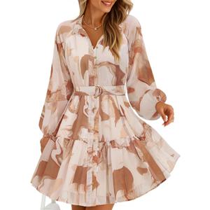 ZESICA Womens Spring Summer Floral Mini Dress Long Sleeve Button Chiffon A Line Swing Short Wedding Guest Party Dresses (Medium, Brown)