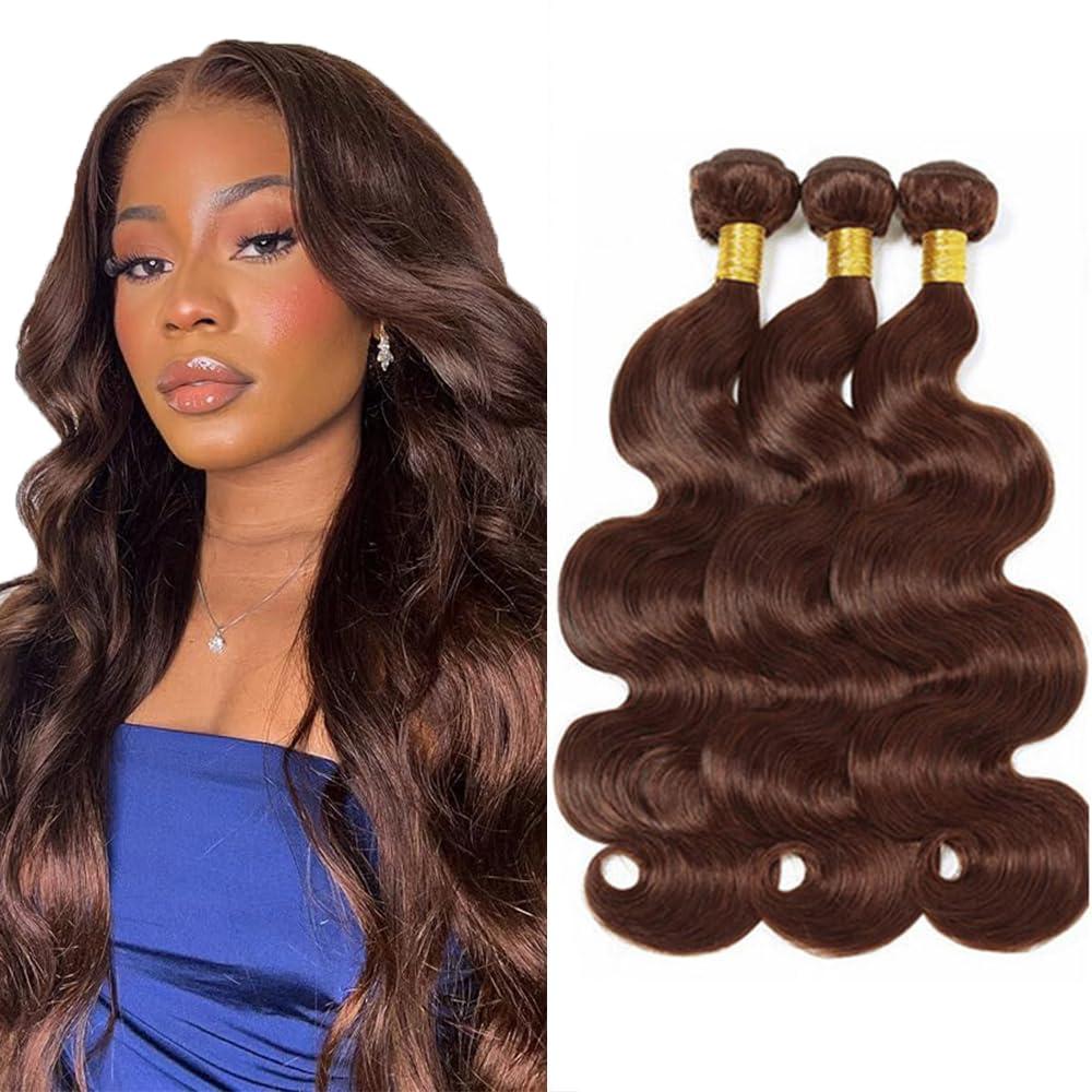 #4 Brown Human Hair Bundles Body Wave Bundles 14 16 18 Inch Unprocessed Brazilian Virgin Hair Weave 3 Bundles Chocolate Body Wave Bundles Human Hair Extensions 50 Grams Per Bundle