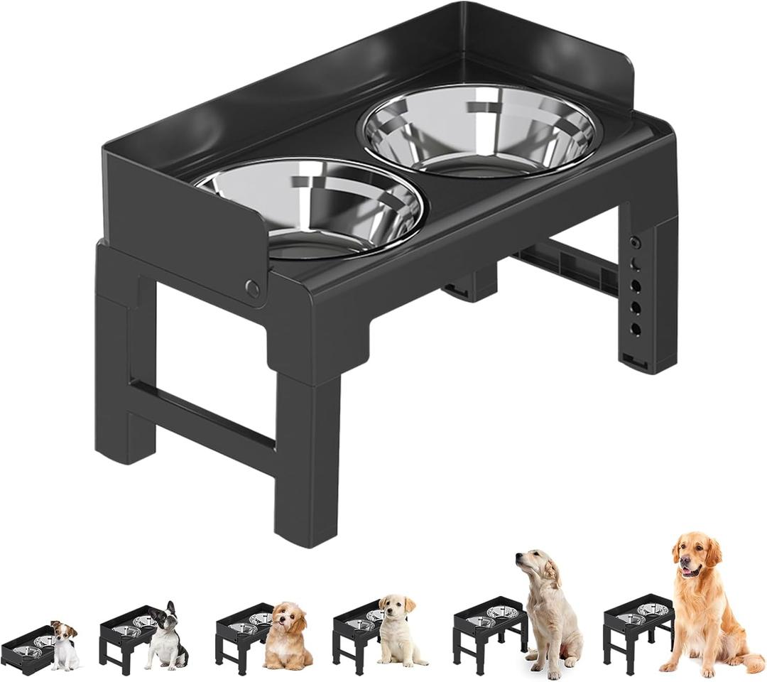 PAKEWAY Elevated Dog Bowls, Spill Proof, Tiltable Dog Feeder with 2 Stainless Steel Bowls, 6 Height Adjustable Raised Bowl (Black)