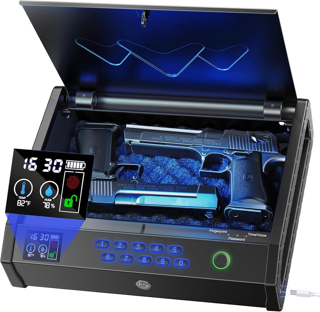 Biometric Safes for Pistols with LCD Display of Temperature Humidity, Fingerprint Quick Access Pistol Safe Solid Handgun Safe