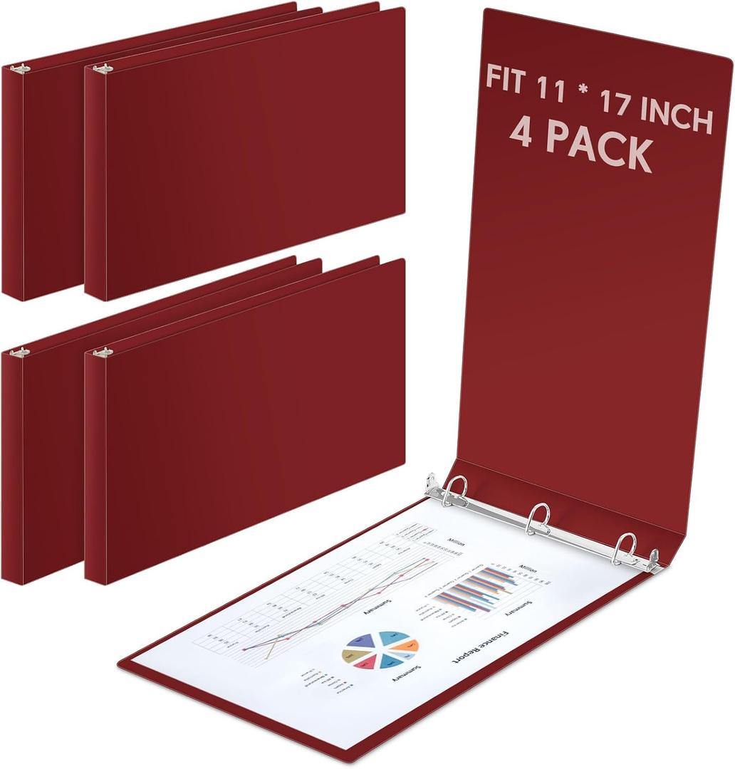 4 Pcs 3 Ring 11 X 17 Inch View Binders 1.5 Inch Rings, Red