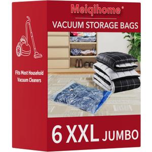 6 XXL Vacuum Storage Bags Jumbo, Space Saver Sealer Bags, Vacuum seal bags for clothing, Pillows, Comforters, Blankets, Bedding