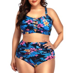 Daci Women Plus Size Two Piece Swimsuit - High Waisted Bikini Tummy Control Bathing Suit Bandeau Swimwear (XX-Large, Blue and Flower)