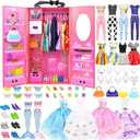 84 Pack Doll Clothes and Accessories with Doll Closet for 11.5 Inch Doll Fashion Design Kit Girl Including Wedding Dress Fashion Dress Outfits Tops and Pants Shoes Hangers Bags Necklaces