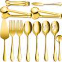 12 PCS Stainless Steel Serving Utensils, Large Spoons Slotted Spoons Forks Tongs, Ice Suger Tongs, Pie Server, Butter Knife, Coffee Spoons, Great for Buffet Catering Banquet Party, Gold