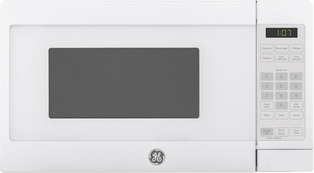 GE Countertop Microwave Oven, Compact 0.7 Cubic Ft., 700-watt Capacity, 6 Auto Cooking Settings, Child-Lock Technology, Kitchen Essentials for the Countertop, Dorm Room or Apartment, White