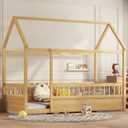 Bellemave Twin Size House Bed Frame with High Fence,Solid Wood Montessori Floor Bed with Roof for Kids Girls Boys,Kids House Bed,Natural