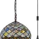 Tiffany Style Stained Glass Pendant Light Plug in, 12" Wide Fish Scale Design Hanging Lamp, 60 Inch Chain 15 Feet Cord Living Dining Room Bedroom Kitchen Home Office